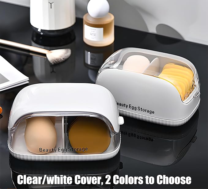 LamChyar Beauty Blender Holder, Makeup Sponge Holder with Lid, Beauty Blender Organizer, Makeup Sponge Case for Countertop (White Lid)