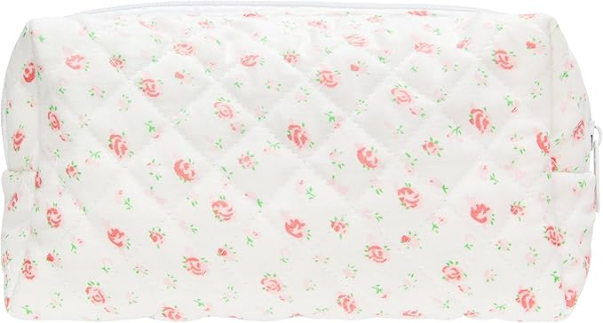 PAZIMIIK Small Quilted Makeup Bag,Zipper Cosmetic Pouch,Gauze Rose