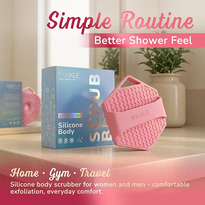 Silicone Body Scrubber – Gentle Exfoliating Shower Scrubber for Body & Bath, Silicone Shower Brush & Loofah Alternative – Non-Slip Silicone Body Brush, Quick Dry, Hygienic - Pink