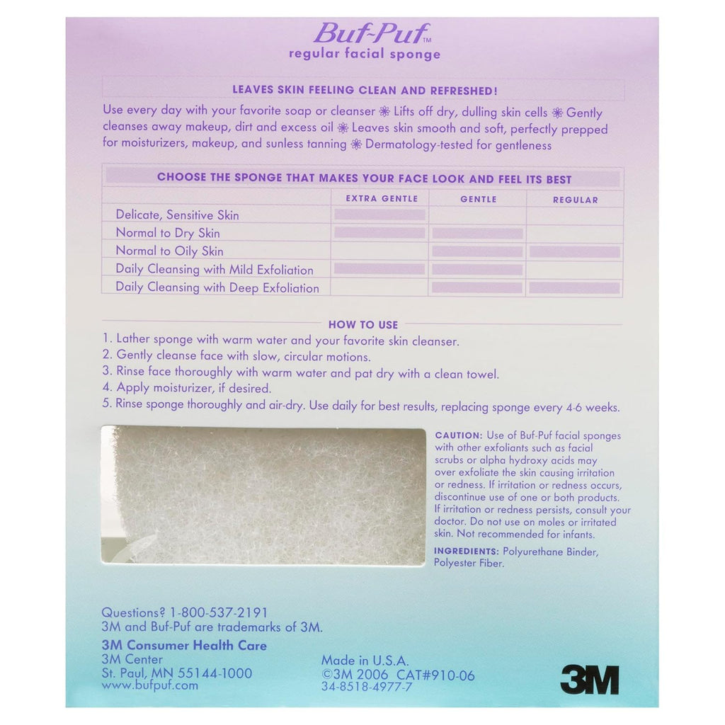 Buf-Puf Facial Sponge, Dermatologist Developed, Removes Deep Down Dirt & Makeup That Causes Breakouts and Blackheads, Reusable, Exfoliating, White, 3 Count
