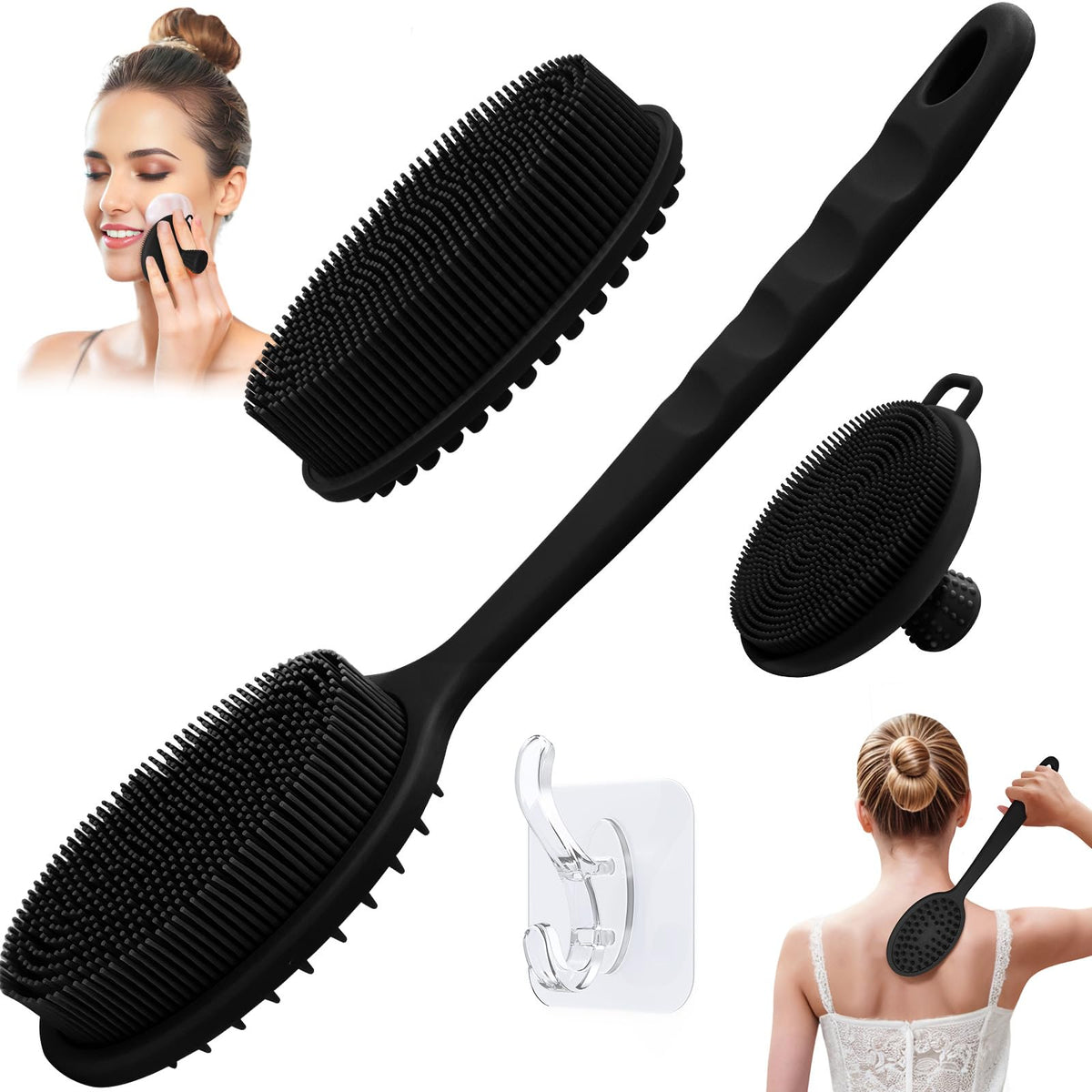 GEENOA Silicone Back Washer for Shower, Gentle Exfoliating Body & Back Scrubber with Handle, Silicone Loofah with Two Dual-Side & Replaceable Brush Heads(Green-Two Heads)