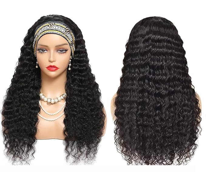 Aiterina Headband Wig Deep Wave Human Hair Wig 18 inch None Lace Front Wigs for Black Women Deep Curly Wave Machine Made Wigs Natural Color