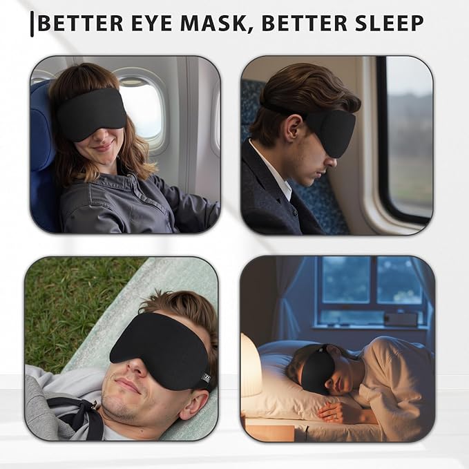 ZLZQER Cool Touch Cotton Eye Sleep Mask for Men & Women, Soft Breathable Flexible Fit for Side Sleepers, Adjustable Light Blocking Mask for Sleeping, Airplane Travel & Naps (Black)