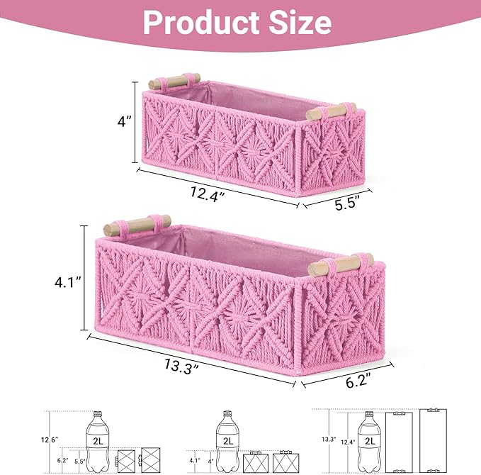 Nonam Macrame Storage Baskets, Boho Decor Style Woven Storage Boxes for Home Organization, Toilet Tank Shelf Cabinet Organizer Baskets,Set of 2,Rectangle,Pink