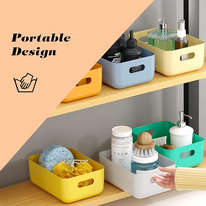 OWill 7 Pack Plastic Storage Bins, 4.2L Small Organizer Baskets with Handles, Pantry Cabinet Bathroom Classroom Storage Containers, Colorful Shelf Bins for Home Kitchen Closet Organization