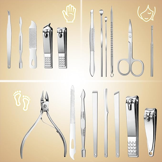 Manicure Set - 19 in 1 Professional Nail Clippers Pedicure Kit, Manicure Tool Kit, Stainless Steel Facial Grooming Set Kit, Gift Idea for Women, Men, Girls, Teens, Beige