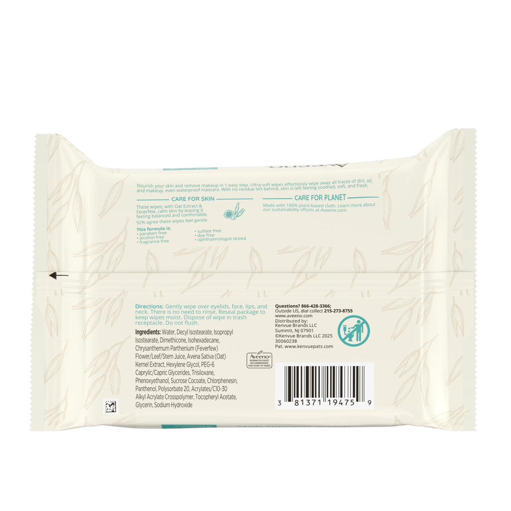 Aveeno Calm + Restore Unscented Makeup Remover Wipes, Alcohol-Free, 25 Ct