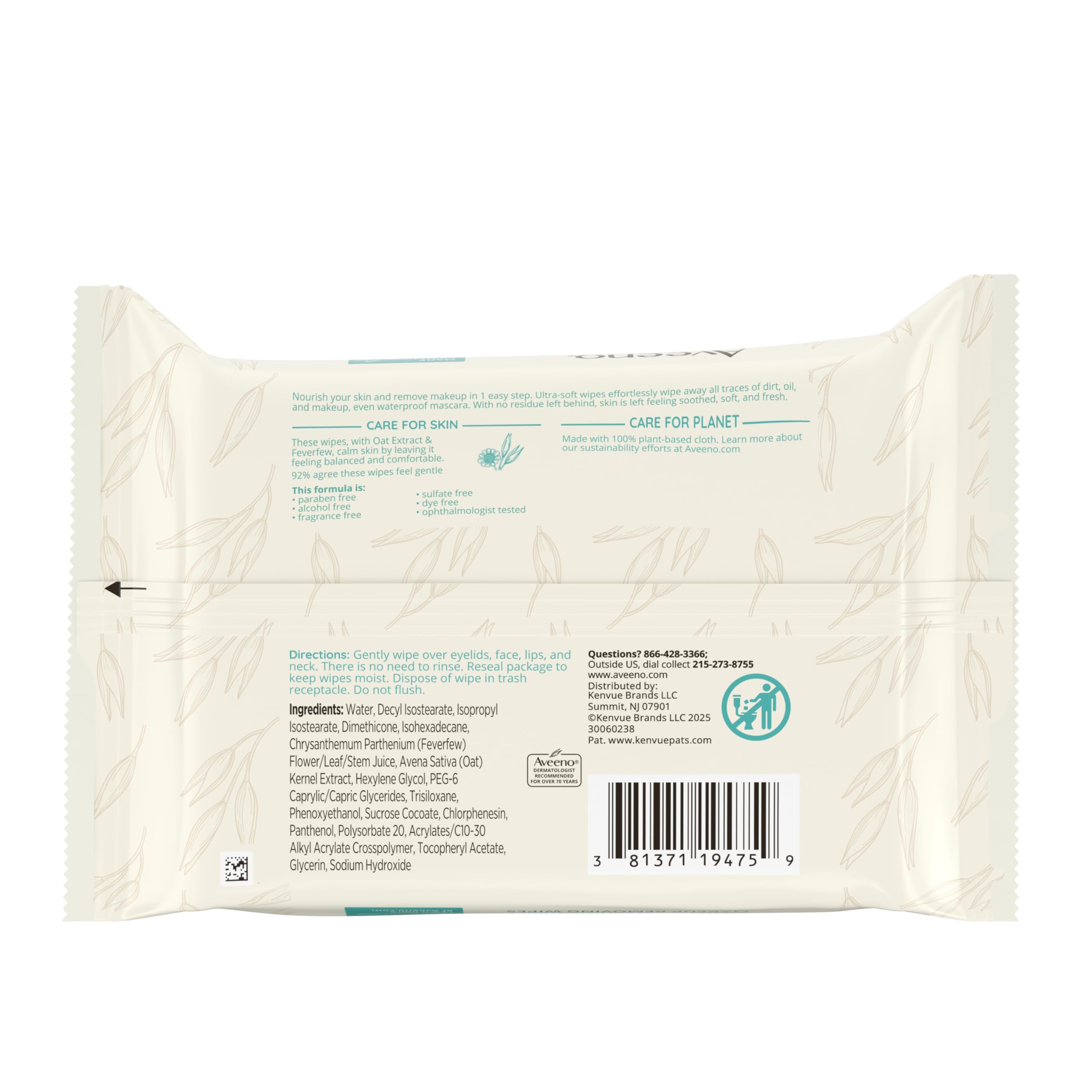 Aveeno Calm + Restore Unscented Makeup Remover Wipes, Alcohol-Free, 25 Ct