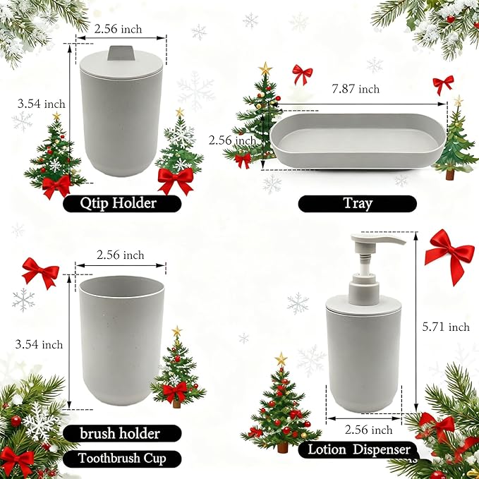 LGURT 4-Piece Light Gray Plastic Bathroom Organizer Set, with Lotion Soap Dispenser, Tumbler, Cotton Swab Cup & Vanity Tray (7.87" × 2.56") – Bathroom Decor for Apartment, Dorm & Guest Bath