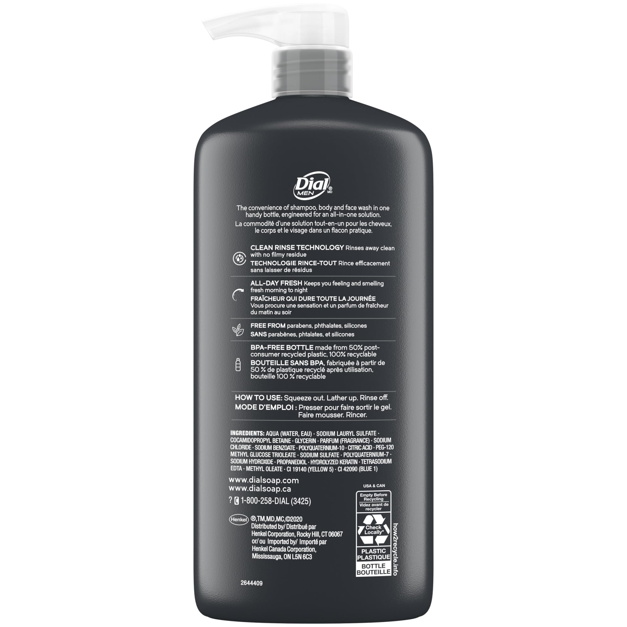 Dial Men 3in1 Body, Hair and Face Wash, Recharge, 69 fl oz (3-23 fl oz Bottles)