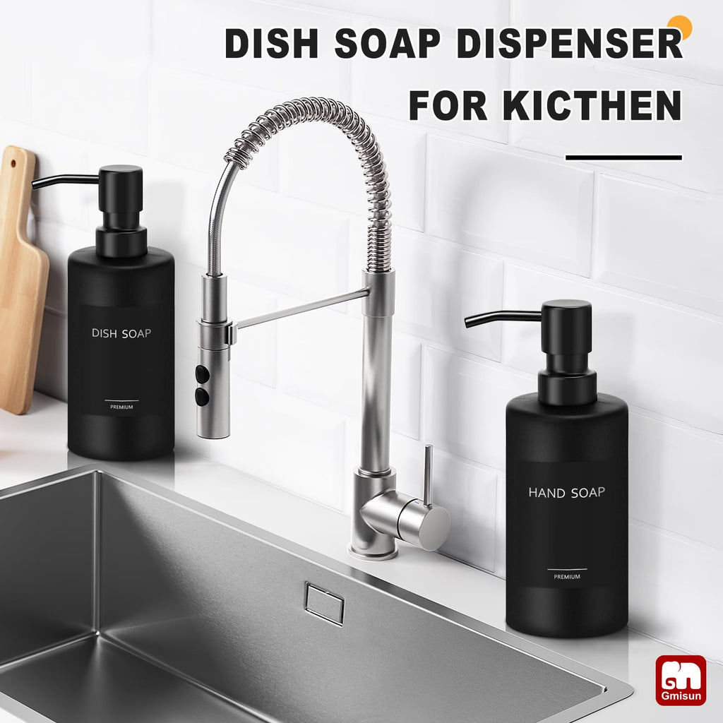 GMISUN Black Soap Dispenser, Hand Soap Dispenser Bathroom, Hand and Dish Dispenser Set for Kitchen, 12 fl oz/350ml Glass Liquid Soap and Lotion Dispensers with Stainless Steel Pump, 2 Pack Refillable