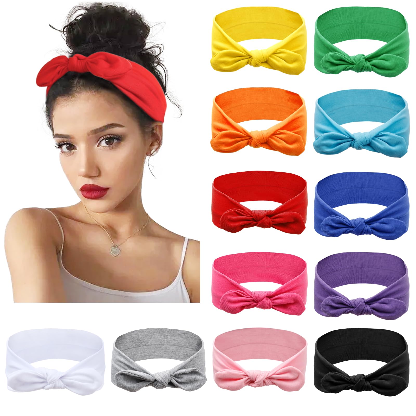 Huachi 12 Pack Bow Headbands for Women Headwraps Hair Band Knotted Headband Rabbit Ears Stretchy Turban Head Wraps Fashion Summer Headbands Sport Cute Hair Accessories