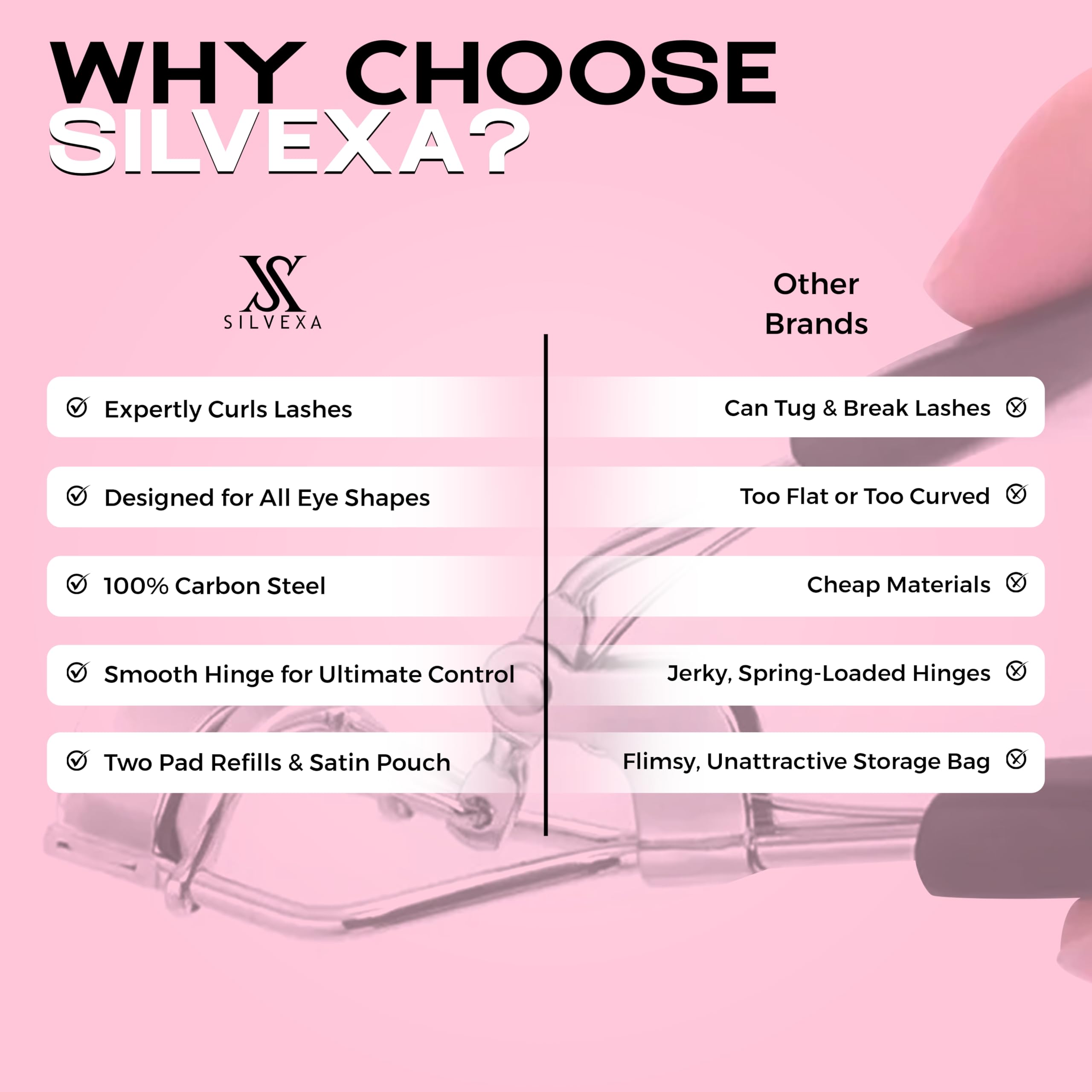SILVEXA Eyelash Curler with Comfort Grip – Professional Stainless Steel Lash Curler with Soft Silicone Pads | No-Pinch, Long-Lasting Curl for All Eye Shapes | Ergonomic Handle Makeup Tool (Black)