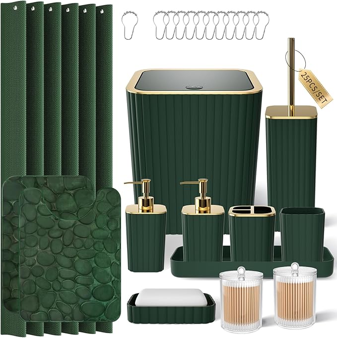 XLHOMO Bathroom Accessory Set - 25PC Green Bathroom Sets, Bathroom Set with Shower Curtain and Rugs, Dark Green Shower Curtain Set, Trash Can, Qtip Holder & Soap Dispenser
