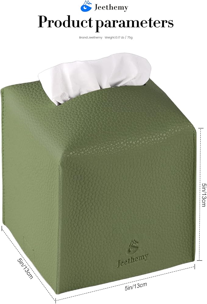 Tissue Box Cover, Jeethemy Square PU Leather Tissue Box Holder, Modern Tissue Case Facial Paper Organizer Dispenser，5X5X5'',Single Green
