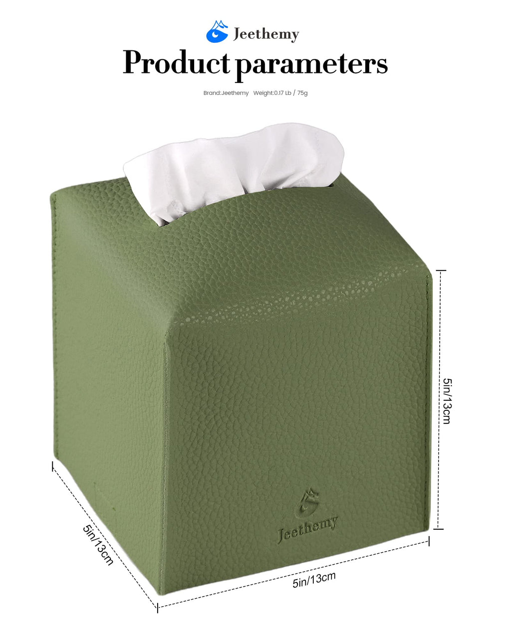 Tissue Box Cover, Jeethemy Square PU Leather Tissue Box Holder, Modern Tissue Case Facial Paper Organizer Dispenser，5X5X5'',Single Green