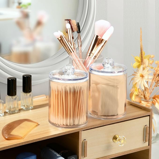 SHJI Peach Puff Qtip Holder Organizer Dispenser Cotton Swabs Cans Plastic Jars with Lid Set 2 Pack Bathroom Storage Canister for Cotton Ball Floss Cotton Pads