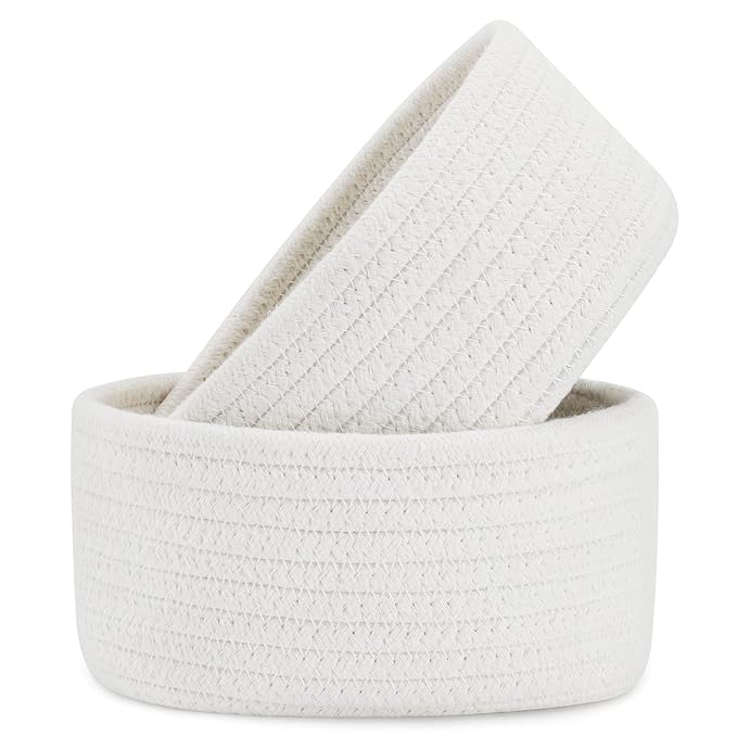 【2 Pack】 ABenkle Small Storage Baskets, Natural Cotton Rope Woven Baskets for Organizing, Tiny Oval Storage Easter Baskets, Small Basket, Cat Dog Toy Baskets, Bathroom Organization Bin