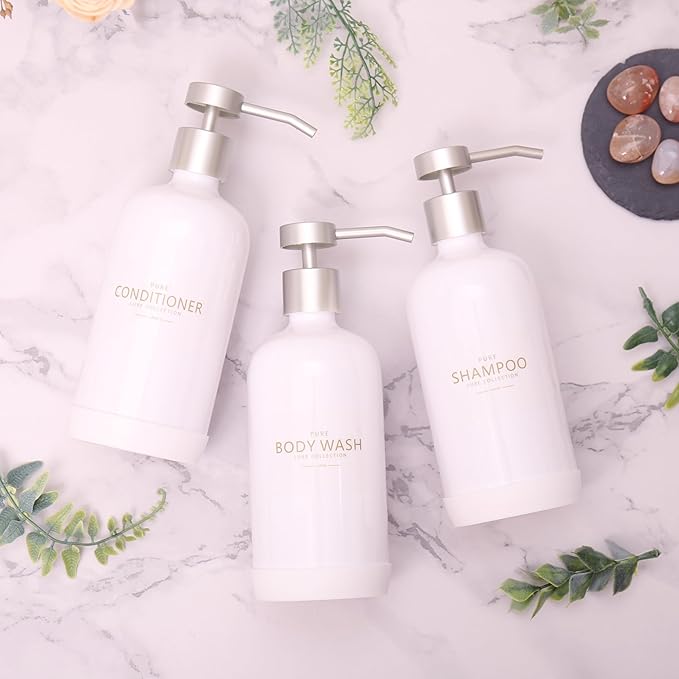 Janxin Shampoo and Conditioner Dispenser Set of 3,Refillable 21oz Shampoo Bottles with Non-Slip Protective Silicone Pad,Shower Soap Dispenser with Waterproof Labels for Bathroom (White)