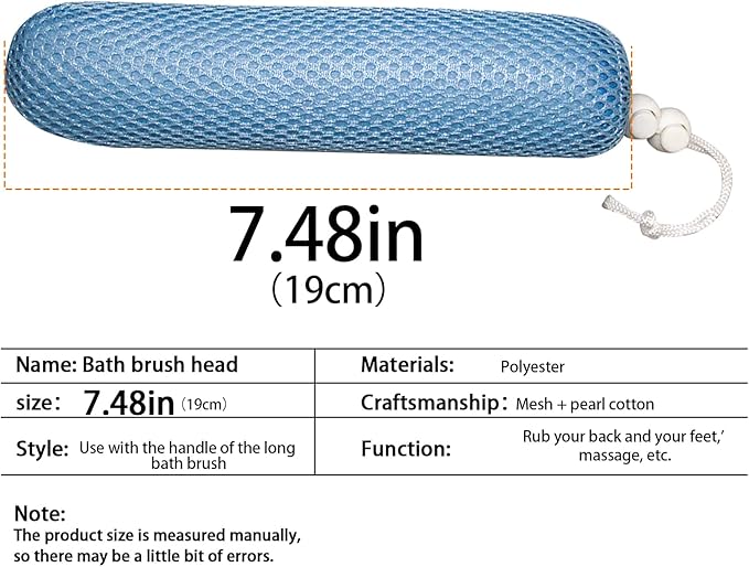 KkaFFe Bath Brush Head with Sponge,Back Scrubber Bath Mesh Bath Body Brush Head for Elderly Aid Bathing and Shower (Blue Head)