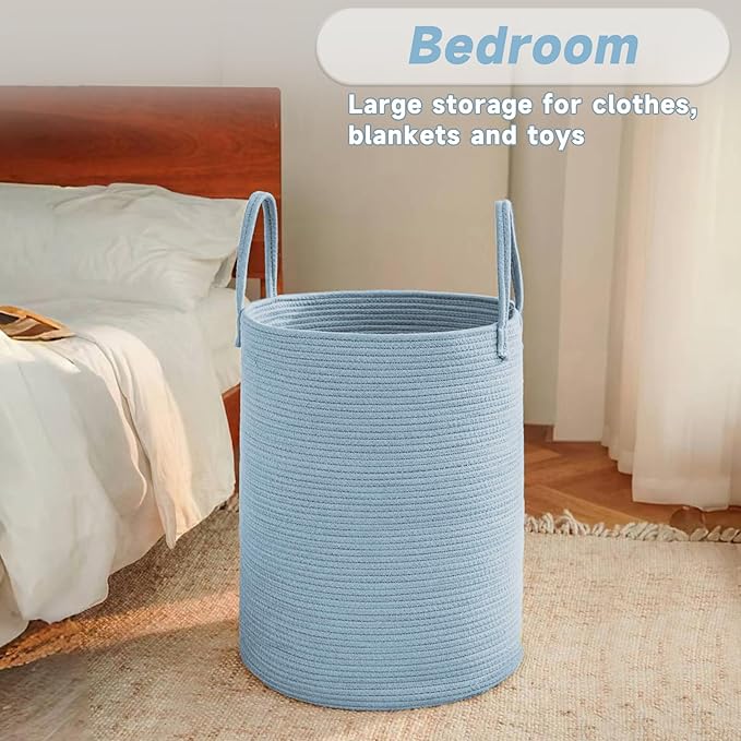 Large Woven Laundry Basket Hamper,80L Cotton Rope Storage Bin for Blankets,Toys and Clothes,Decorative Tall Nursery Hamper for Living Room,Baby Nursery,Bathroom and Bedroom,Blue