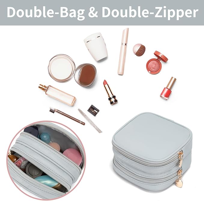 XIAOLER Small Makeup Pouch, Double Zipper Cosmetic Bag, Travel Makeup Bag, Cute Makeup Bag for Purse, Mini Toiletry Bag (Silver)