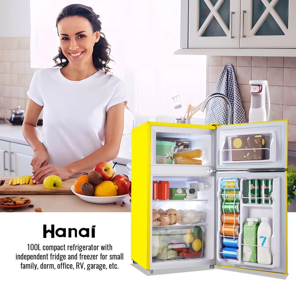 WANAI 3.5 Cu.ft Small Refrigerators Retro Mini Fridge with Freezer Yellow Full-sized Fridge Dual Door Dual Handle Classic Removable Glass Shelves Adjustable Thermostat for Home Office Dorm RV