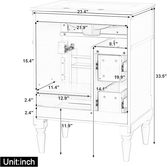 Harper & Bright Designs 24" Bathroom Vanity with Sink, Free Standing Bathroom Vanity Set with Flip Drawer, 2 Drawers, and Adjustable Shelf, Wood Storage Cabinet with Ceramic Basin for Bathroom, Green
