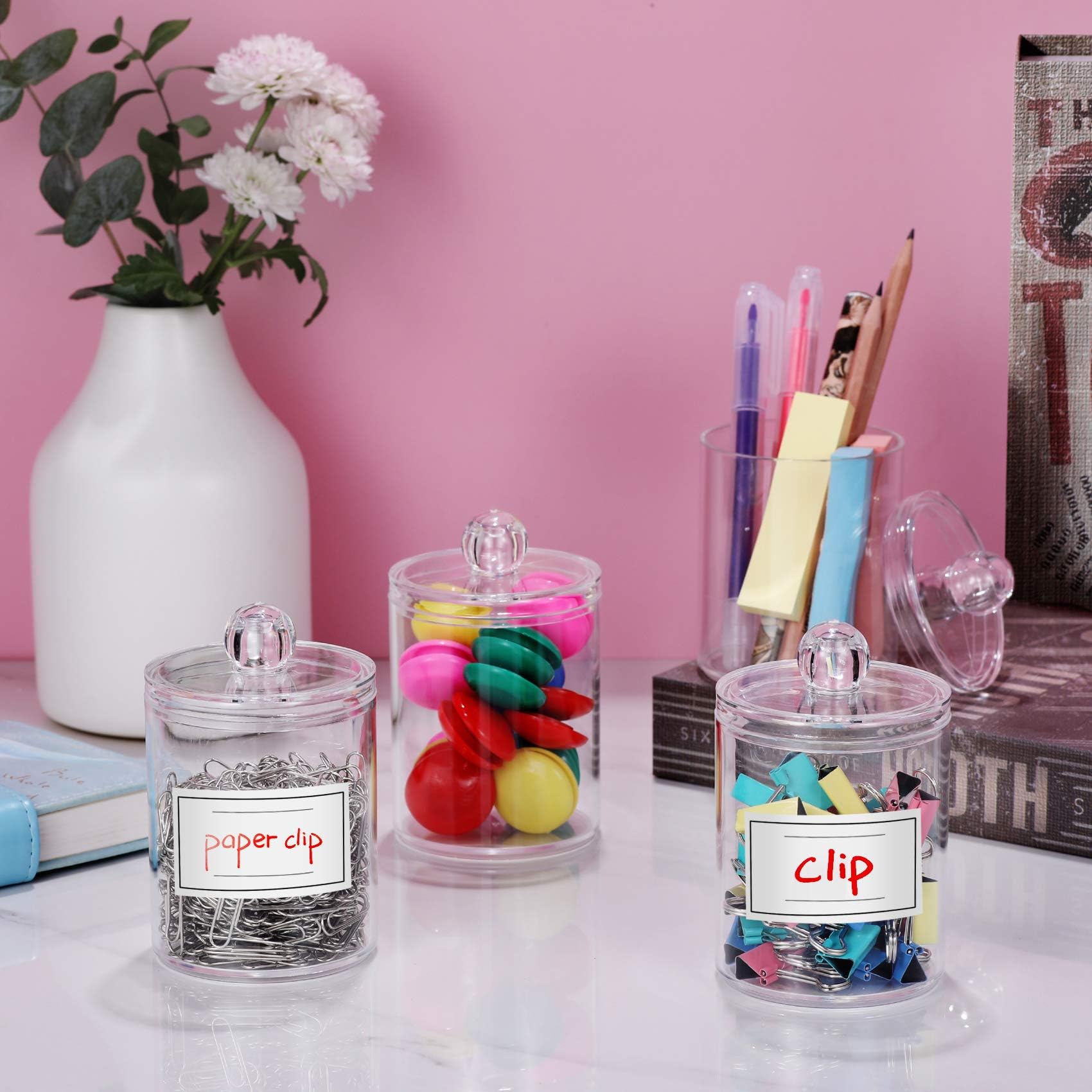 AOZITA 6 Pack Acrylic Qtip Holder Dispenser for Cotton,Swab, Ball, Round Pads, Floss Picks - Clear Plastic Apothecary Jar Set, Bathroom Canister Storage Organization, Vanity Makeup Organizer