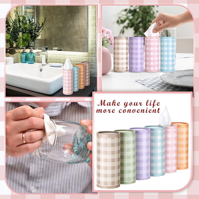 Fourluoo 12 Pack Spring Tissue Boxes for Car Cylinder Bulk Colorful Plaid Round Cylinder Holder with 3 Ply Facial Tissues for Spring Easter Travel Bathroom Office Decoration Supplies