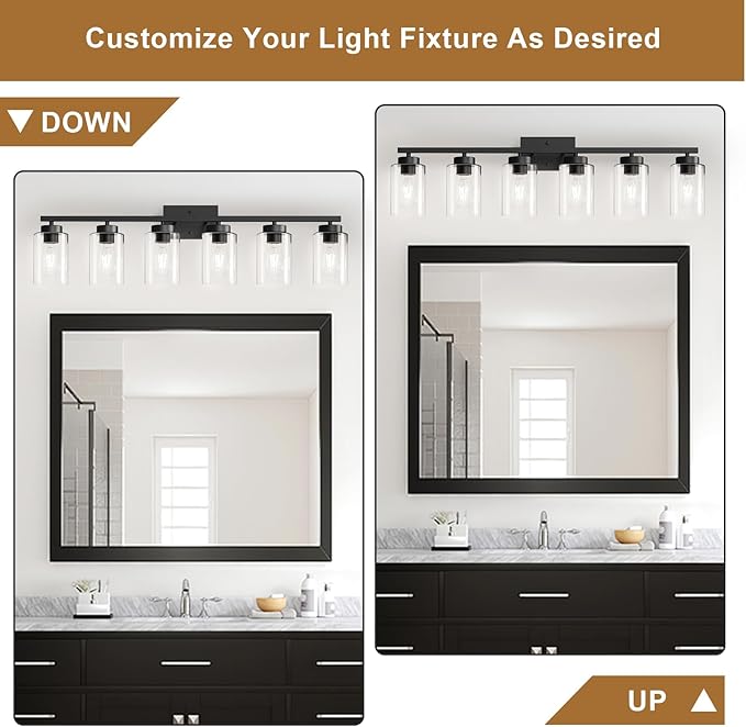 IZORRO Modern Bathroom Light Fixtures, 6 Light Black Vanity Lights, Bathroom Lighting Fixtures Over Mirror with Clear Glass for Living Room Cabinet Bedroom