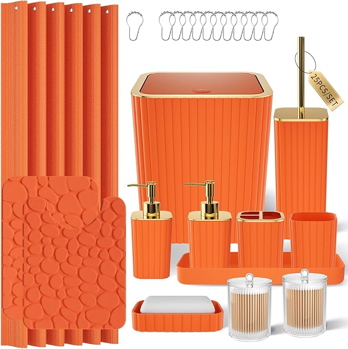 XLHOMO Bathroom Accessory Set - 25PC Green Bathroom Sets, Bathroom Set with Shower Curtain and Rugs, Dark Green Shower Curtain Set, Trash Can, Qtip Holder & Soap Dispenser
