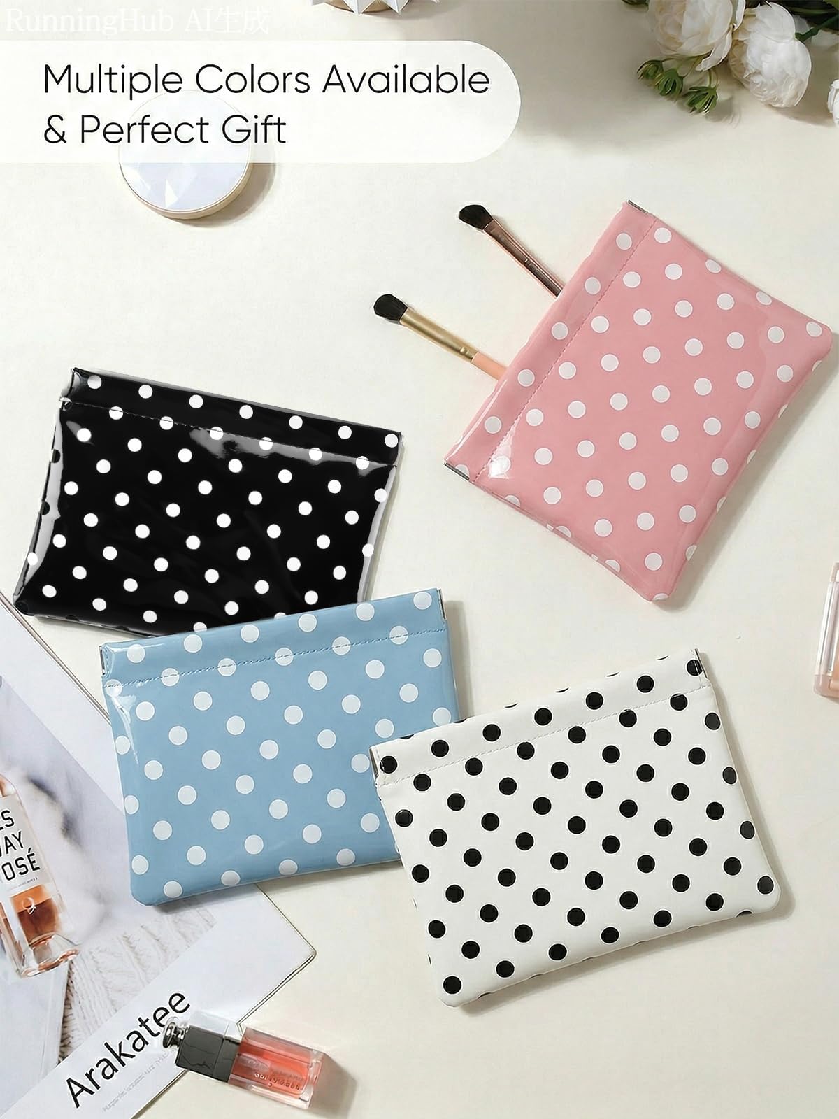 Ksriylm Dots Leather Makeup Pouch Set for Women Small Make Up Bag for Purse Waterproof Initial Makeup Cosmetic Bags Pouches for Purse Aesthetic Travel Toiletry Bag,Black White