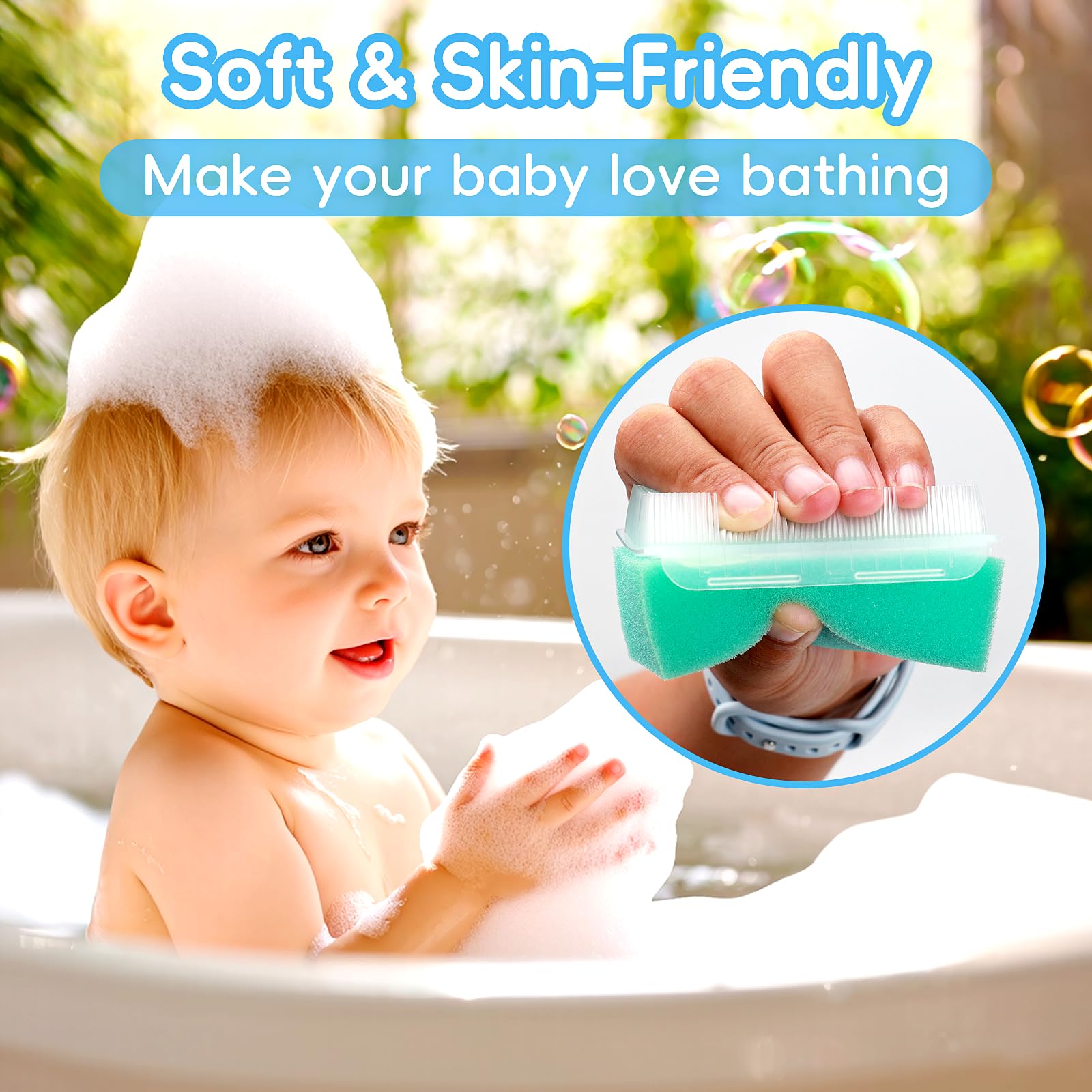 Cradle Cap Brush for Babies, Set of 5 Baby Bath Essentials with Bath Sponge Silicone Scrubber Long Handle Comb for Newborns Toddlers Boys Girls (Green)