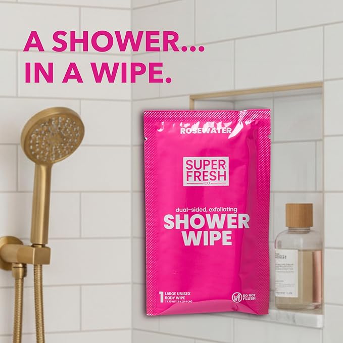 Super Fresh Shower Body Wipes, Travel Essentials for Camping, Large Rosewater Wipes for Adults, Women, Men, Kids Personal Hygiene Cloth Enriched with Aloe and Vitamin E, Individually Wrapped 10 Pack