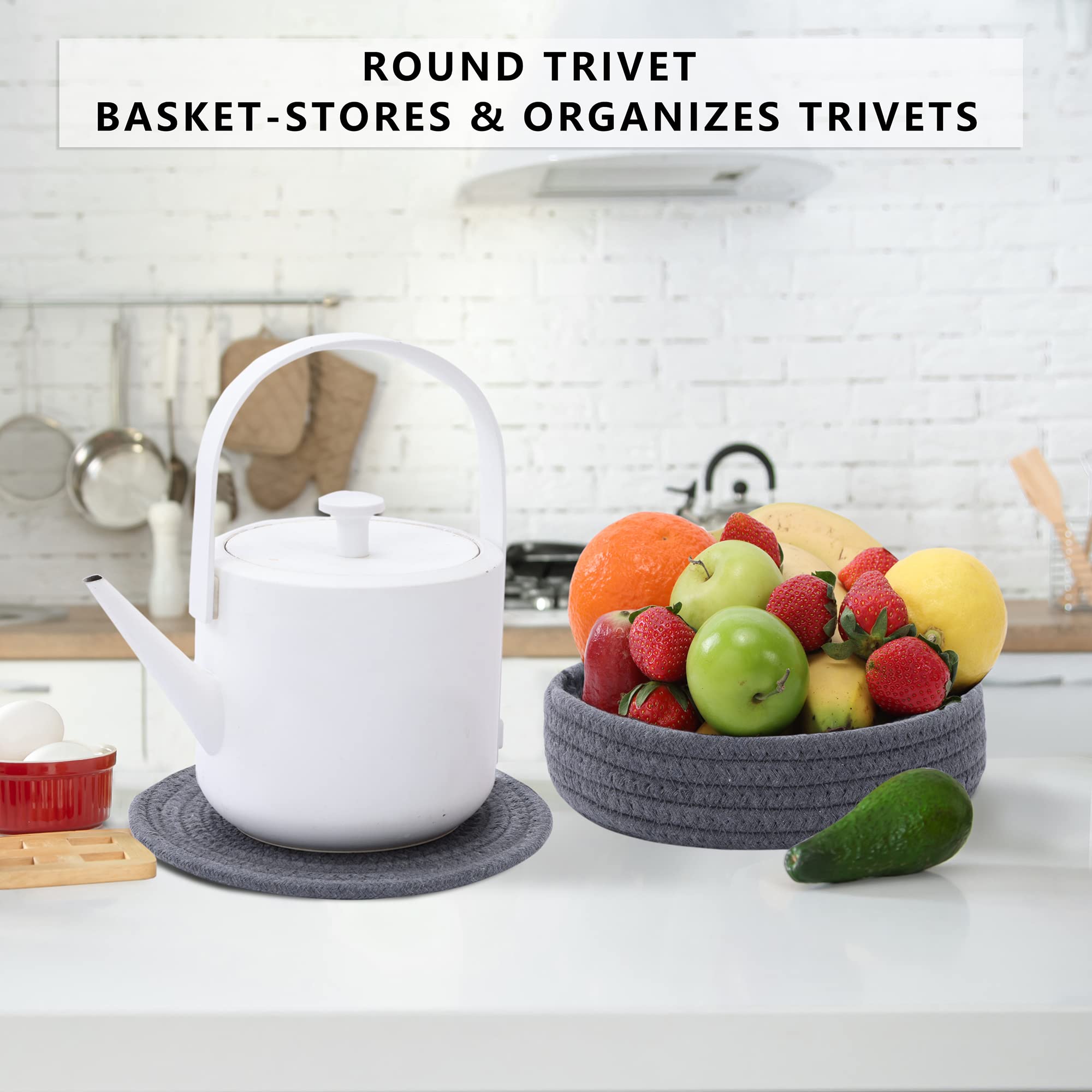 Coga Trivets for Hot Dishes, 4 Pack 7 Inch Cotton Hot Pads for Kitchen with Storage Basket, Round Pot Holders for Kitchen, Heat Resistant Mats for Countertop, Pots and Pans, Farmhouse Decor, Grey