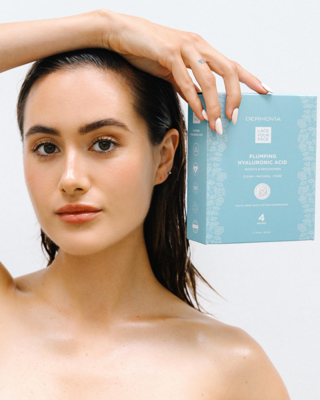 LACE YOUR FACE Patented Compression Facial Mask, Reusable Biodegradable Cotton Anti Aging Skin Care, Plumping Hyaluronic Acid, Single