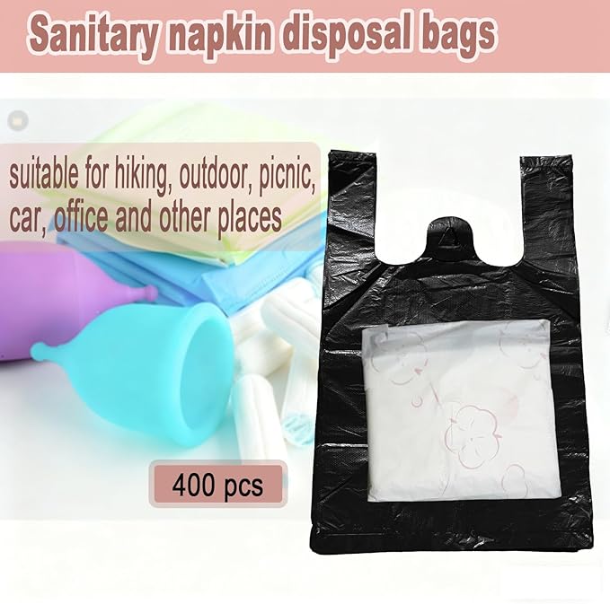 400PCS Sanitary Napkin Disposal Bags, 8 Packs of 50, Women Personal Disposal Bags Sanitary Waste Bags With Handles for Feminine Products Sanitary Napkin Storage Bag, Black