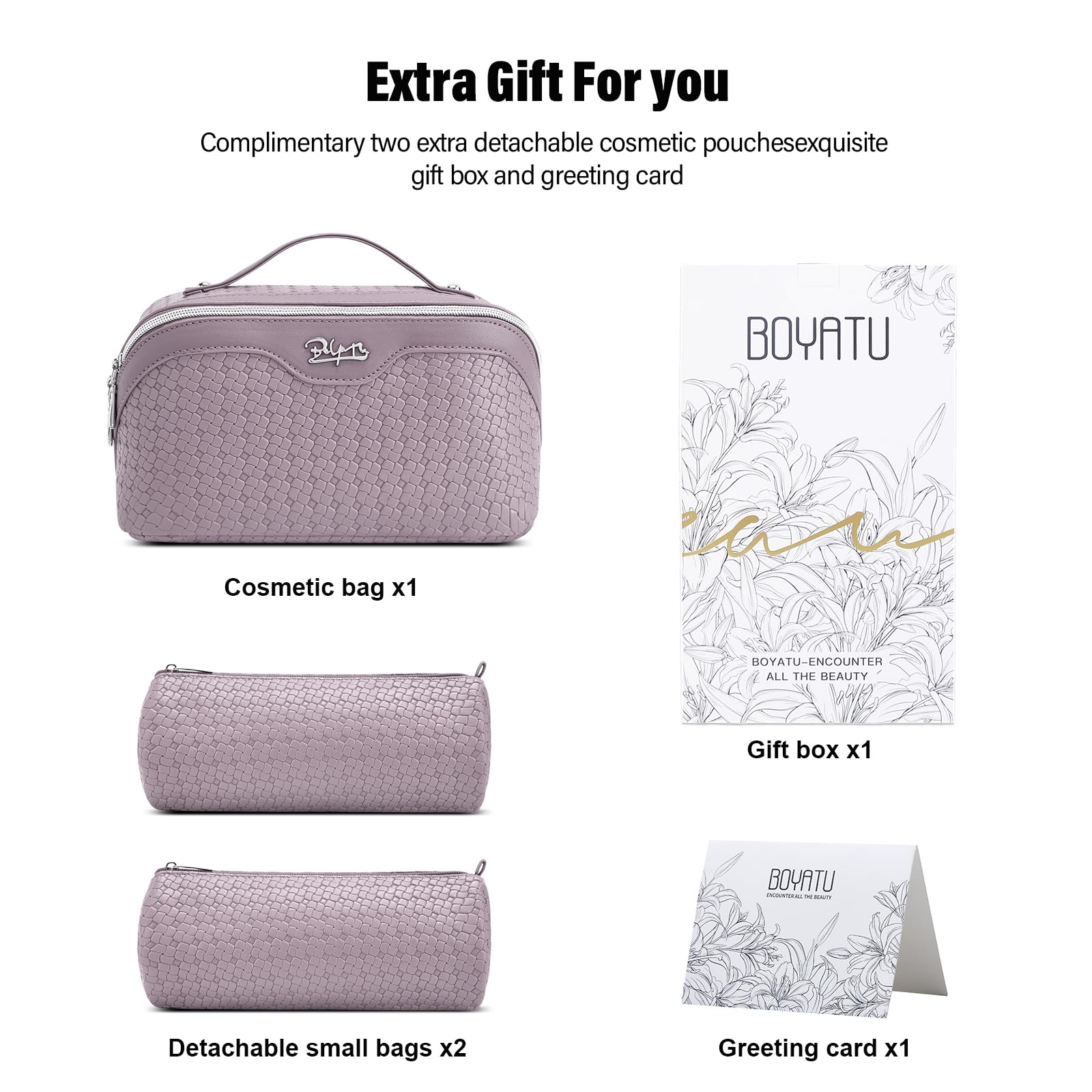 BOYATU Travel Makeup Bag Cosmetic Bags for Women: Large Capacity 3 Pcs Set Make up Bag with Compartments - Waterproof Vegan Leather Toiletry Organizer Bags with Handle (L55Light Purple)