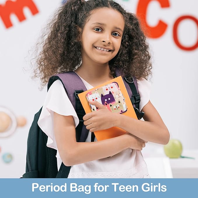Desing Wish Sanitary Pad Storage Bag Portable Period Bag for Teen Pads/Sanitary Napkins/Small Tampons, Sanitary Napkin Storage Bag First Period Gifts for Teen Girls (Cat)