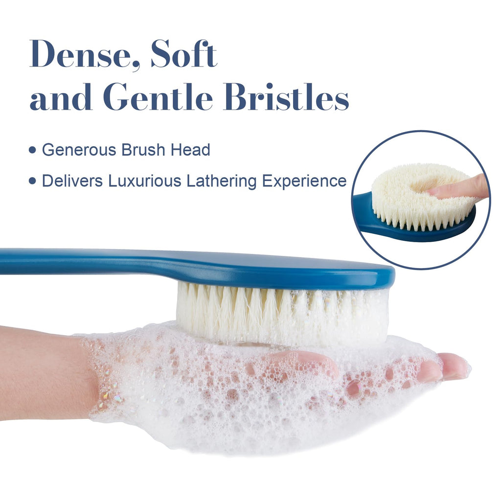 Back Scrubber for Shower, Shower Body Brush for Cleaning with Long Handle for Showering, 17 Inch Back Washer Exfoliator for Shower Men Women with Non-Slip Handle, Adhesive Hook (Navy Blue)