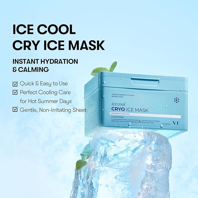 VT COSMETICS Cryo Ice Cool Mask, 30 Sheets, Cooling & De-Puffing Daily Sheet Mask, Hydrating Korean Face Mask, Xylitol & Hyaluronic Acid, K-Beauty Skincare