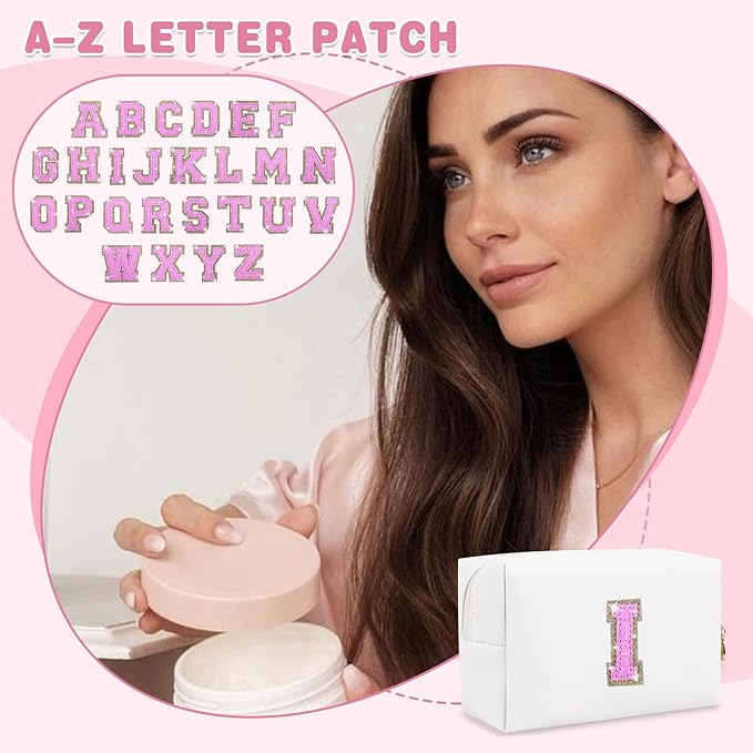 Small Initial Patch Makeup Bag Personalized Gifts Make Up Bag,White Cute PU Leather Glitter Letter Cosmetic Bag with Zipper,Trendy Portable Travel Toiletry Pouch,Preppy Stuff for Teen Girls Women I
