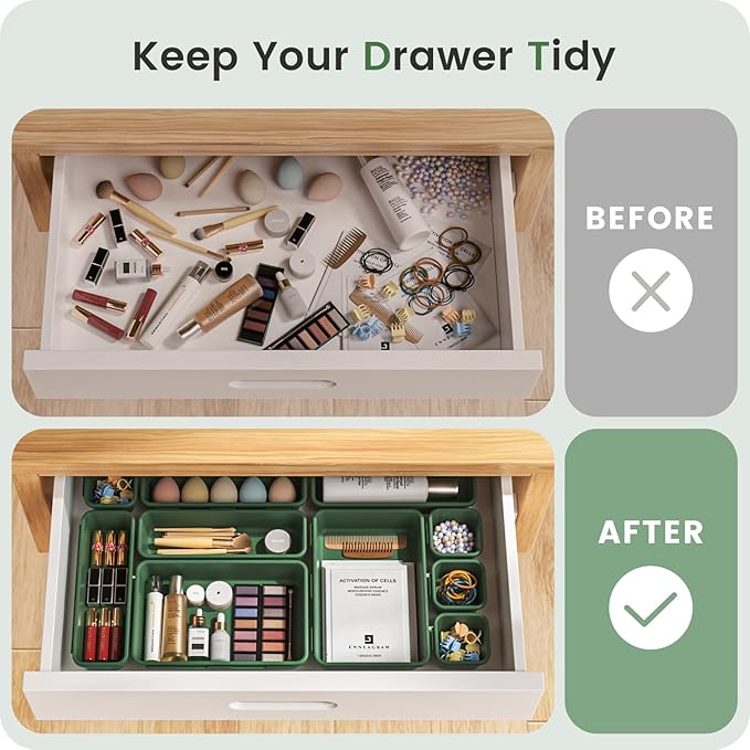 【Military Grade】A-LuGei Drawer Organizer,【𝟱𝗦𝗶𝘇𝗲】Makeup organizer,【Holds 177 Items】Bathroom Organizers and Storage,Organization and Storage,Desk Drawer Organizer for Vanity【Green】