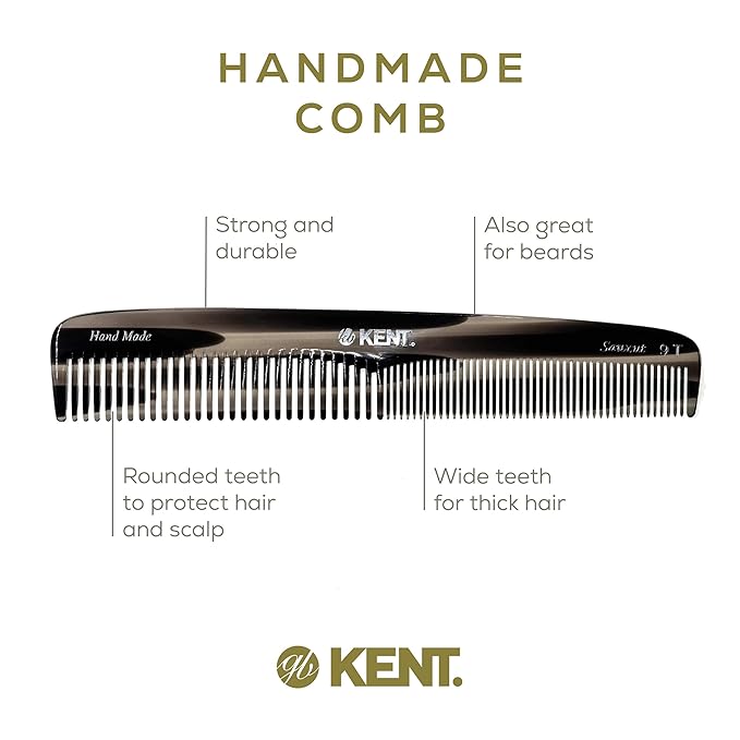 Kent 9T Black Graphite Fine Tooth and Wide Tooth Comb Detangler Hair Combs - Large Handmade and Saw-Cut Dressing Combs - Wet Hair Comb for Women and Durable Grooming for Men Made in England