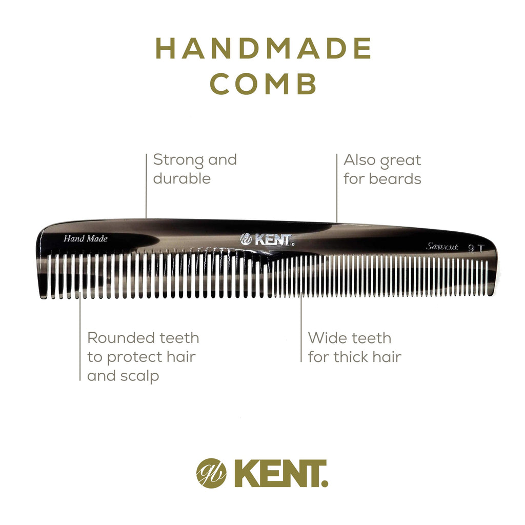 Kent 9T Black Graphite Fine Tooth and Wide Tooth Comb Detangler Hair Combs - Large Handmade and Saw-Cut Dressing Combs - Wet Hair Comb for Women and Durable Grooming for Men Made in England