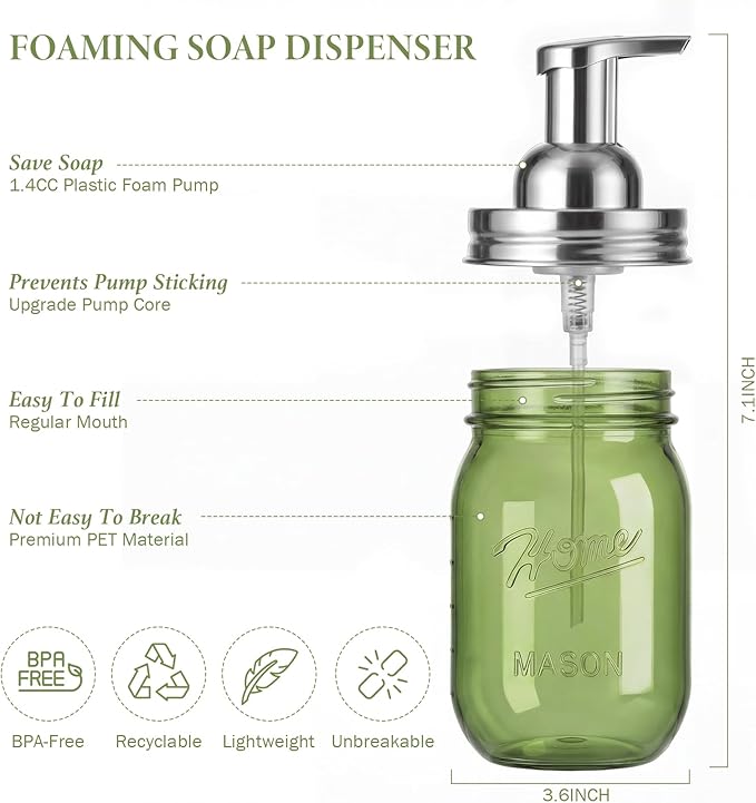 Amolliar Plastic Mason Jar Foaming Soap Dispenser Pump Lid, 16oz Foam Soap Dispenser with Cute Lables - Green Refillable Hand Soap Dispenser for Bathroom Kitchen Shower (2 Pack, Silver)