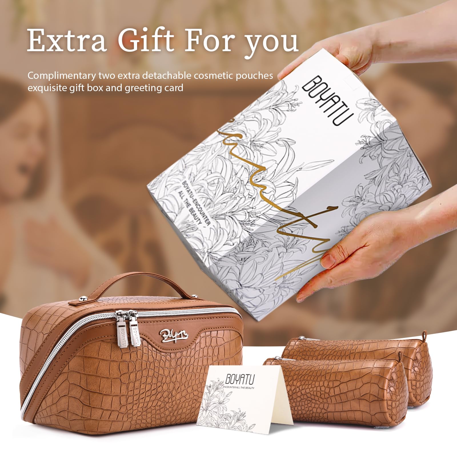 BOYATU Travel Makeup Bag Cosmetic Bags for Women: 3 Pcs Set Large Capacity Make up Bag with Handle - Crocodile Pattern Vegan Leather Toiletry Bags Travel Essentials with Compartments(E-2-Brown)