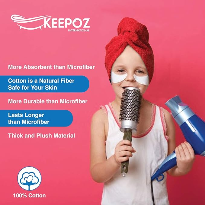 KEEPOZ Hair Towel Wrap Quick Dry 100% Cotton Super Absorbent Turban Head Wrap for Women with Button, Non Microfiber Anti Frizz Hair Products, Hair Cap for Curly, Long & Thick Hair (Red, 1 Pc)