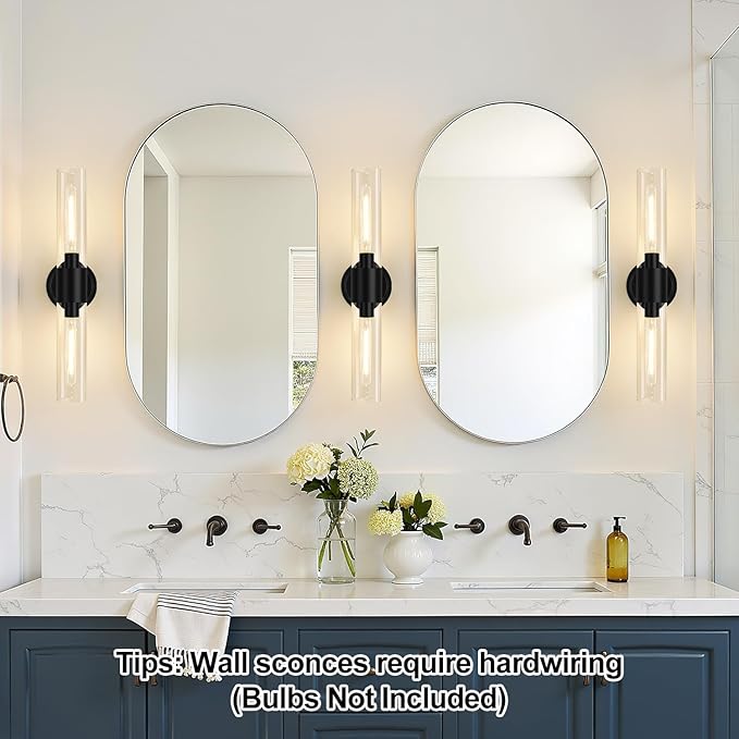 Wall Sconces Set of Two,Matte Black Bathroom Sconces with Clear Glass, Hardwired Sconces Wall Decor Set of 2, Modern Wall Vanity Light Fixtures for Bathroom Mirror Bedroom Living Room Hallway
